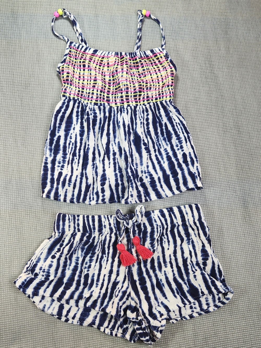 Girls Navy Tie-Dye Tank Top & Shorts Set with Neon Accents Size 4